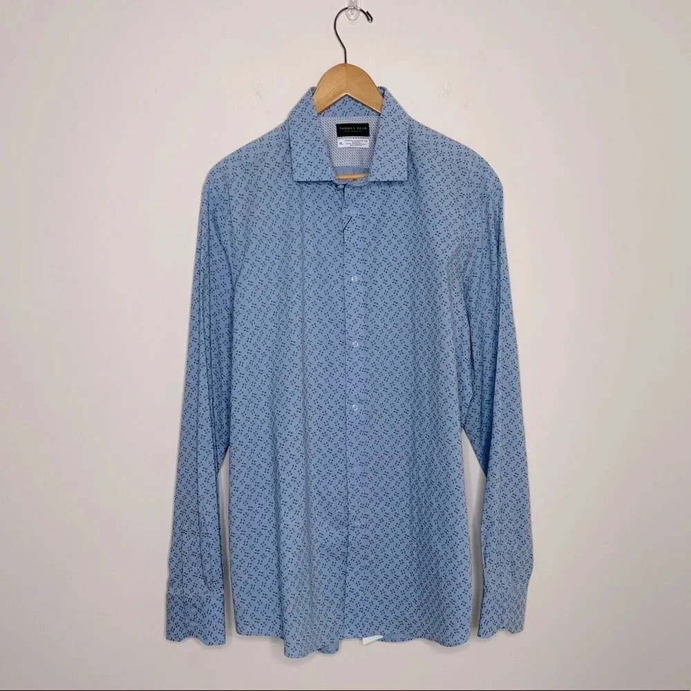 THOMAS DEAN BLUE DESIGN PERFORMANCE BUTTON DOWN SPORT SHIRT SIZE XL office wear